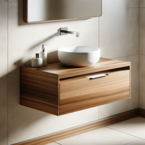 Image of a wooden bathroom vanity with cabinets.